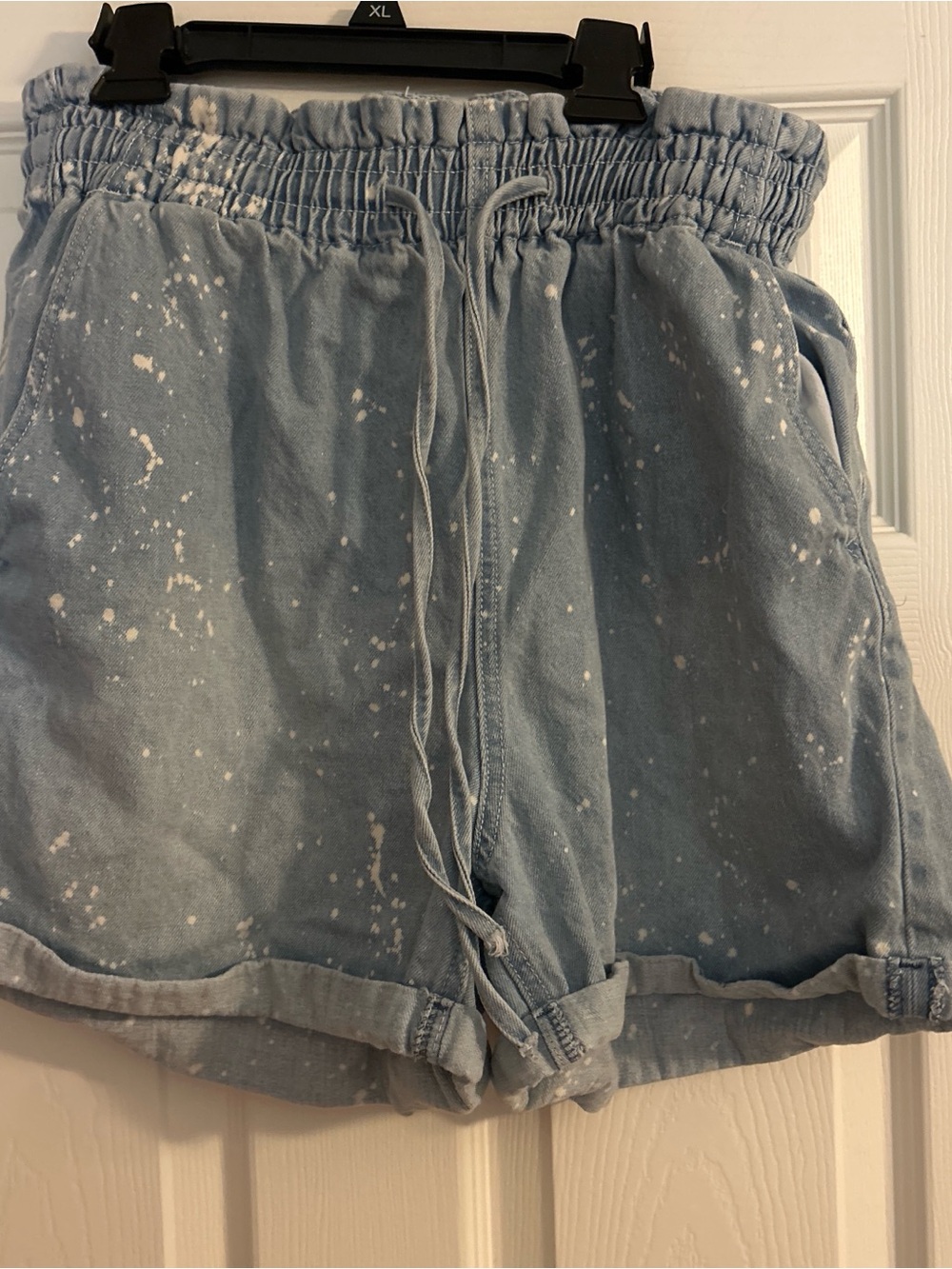 Light Wash Paint-Splatter Drawstring Shorts